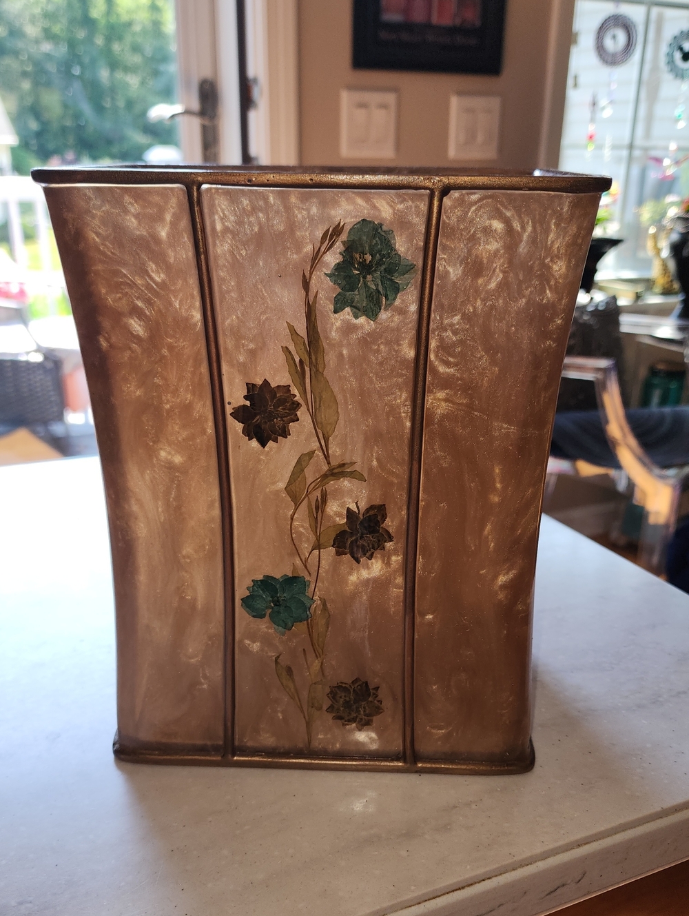 Vintage Indua Onk Trashpail Pearlized Gold Floral Accent  with Dry  Teal Flowers